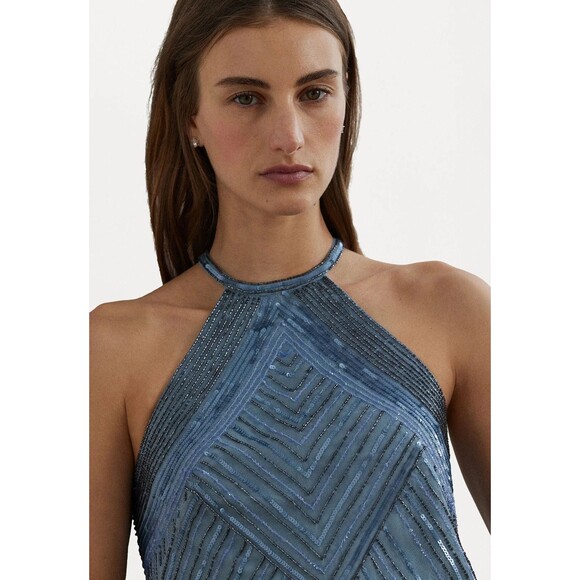 Lauren Ralph Lauren Women's Beaded Mesh Halter PartyCocktail Dress Light Blue 12 - Picture 2 of 13